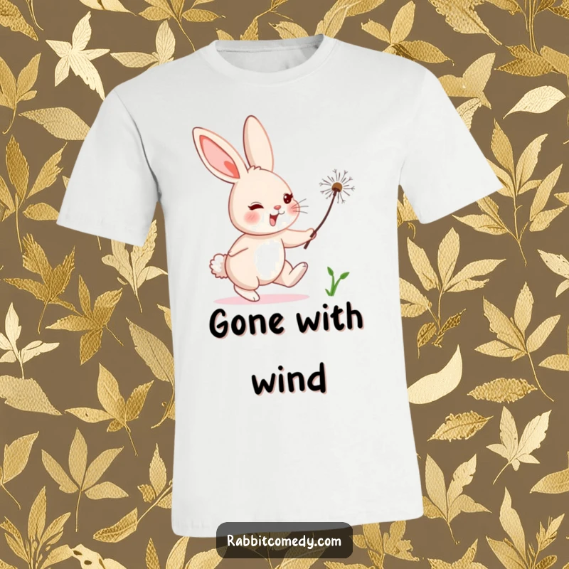 Funny rabbit character comically in pursuit of a single, floating dandelion seed, captured on a humorous t-shirt.
