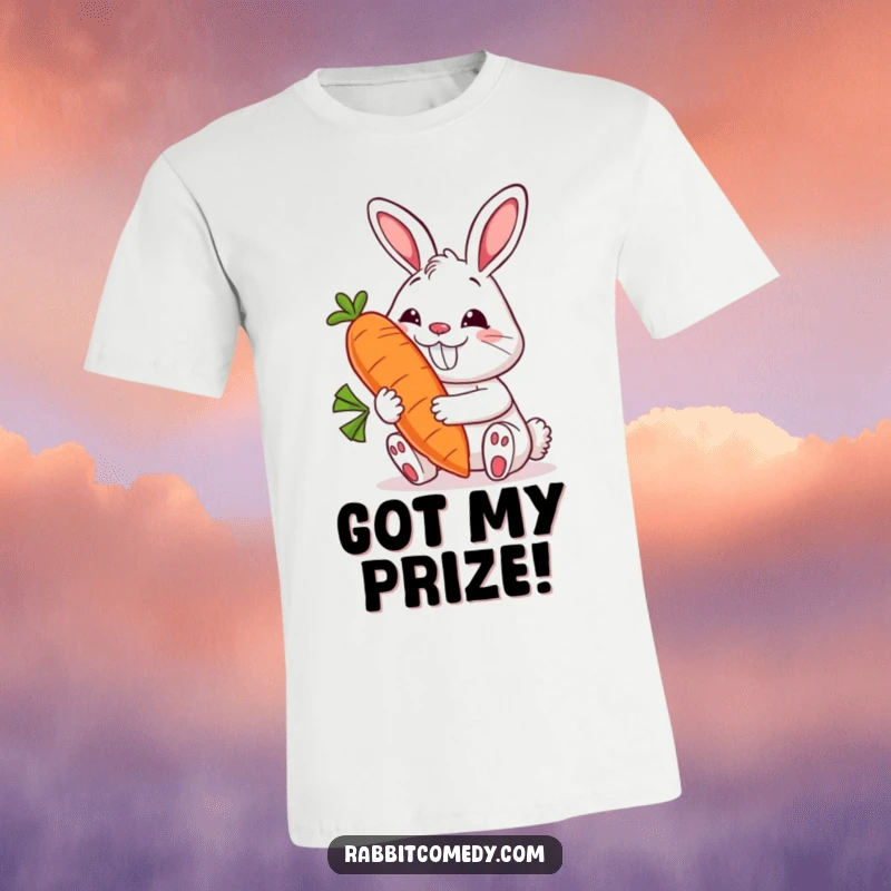 Funny rabbit t-shirt featuring a delighted bunny with a wide grin holding a huge, smiling carrot, showcasing a passion for healthy snacks humorously.