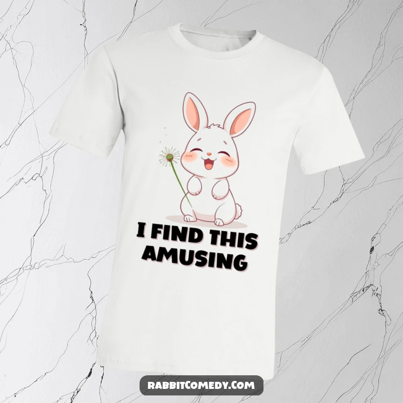 Funny rabbit t-shirt, a cute bunny with its eyes closed, joyfully giggling as a dandelion seed head tickles its whiskers.