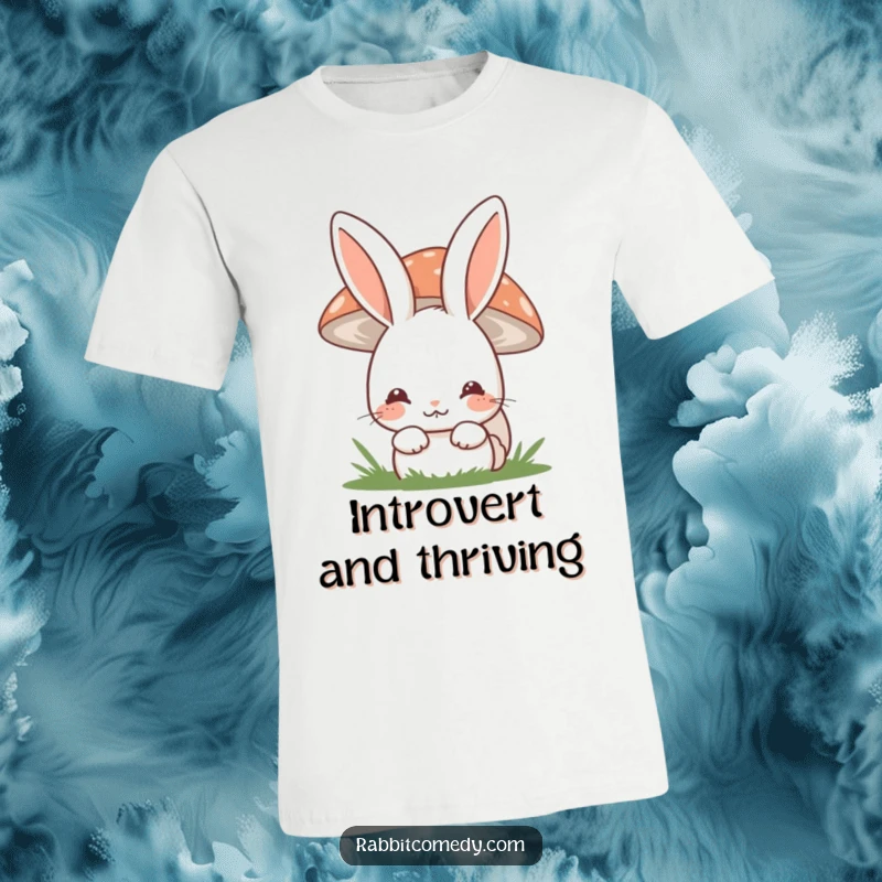 Funny shy rabbit t-shirt showing a cute bunny peeking from behind a mushroom with a shy smile, ideal for introverts.