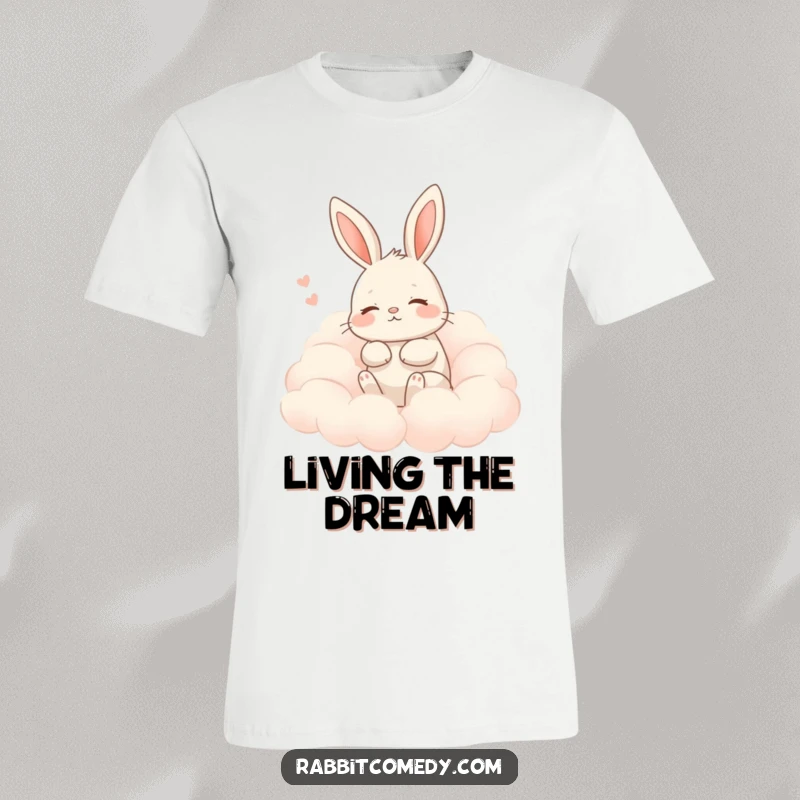 Funny rabbit t-shirt featuring a rabbit sighing contentedly while lounging on soft clouds, a humorous depiction of ultimate relaxation.