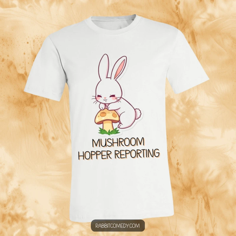Funny T-shirt depicting a lively, long-eared rabbit energetically boinging over a small mushroom, radiating happiness.