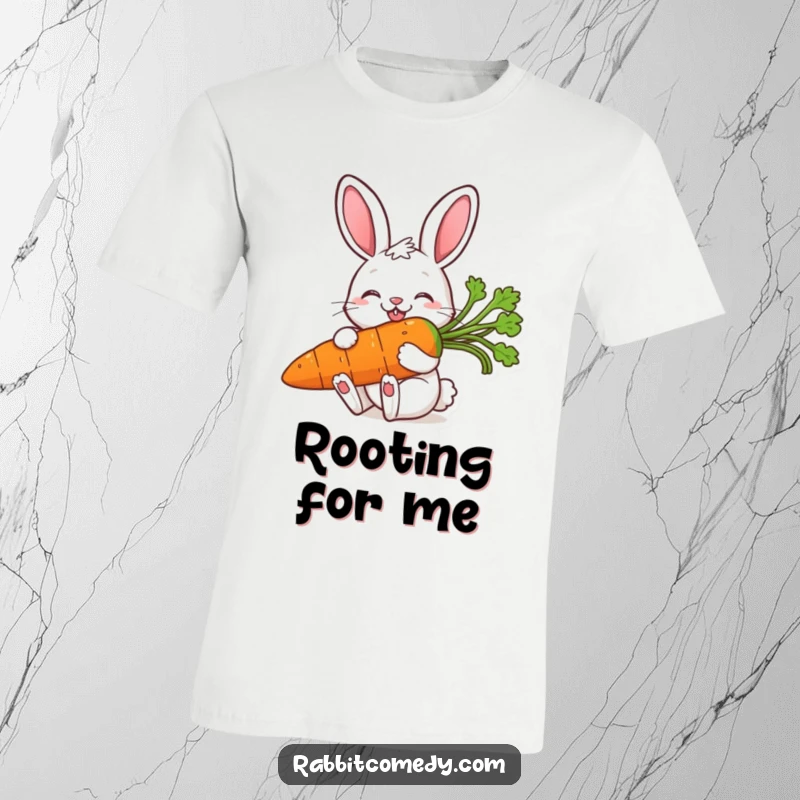 Funny t-shirt showcasing a delighted rabbit with a huge smile, caught in the act of munching on an oversized, succulent carrot.