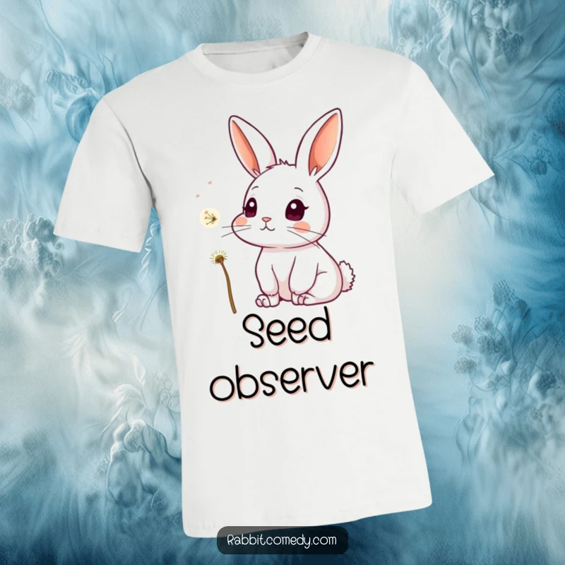 Funny t-shirt with a rabbit, ears alert and eyes wide with curiosity, observing a delicate dandelion seed carried on the breeze.