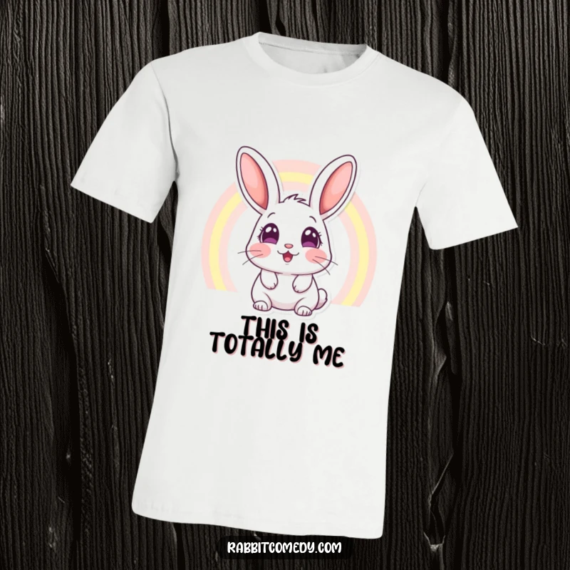 Funny t-shirt featuring a rabbit with wide, amazed eyes looking up at a stunning rainbow, conveying a sense of pure, delightful surprise.