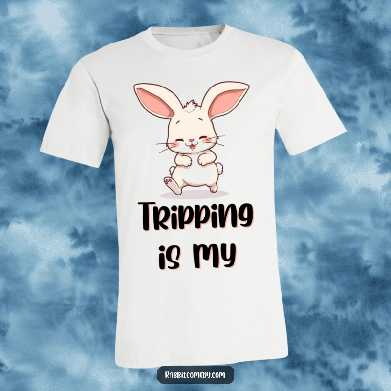 Funny T-shirt featuring a cartoon rabbit comically tripping, its massive floppy ears bouncing, designed to evoke laughter and lightheartedness.