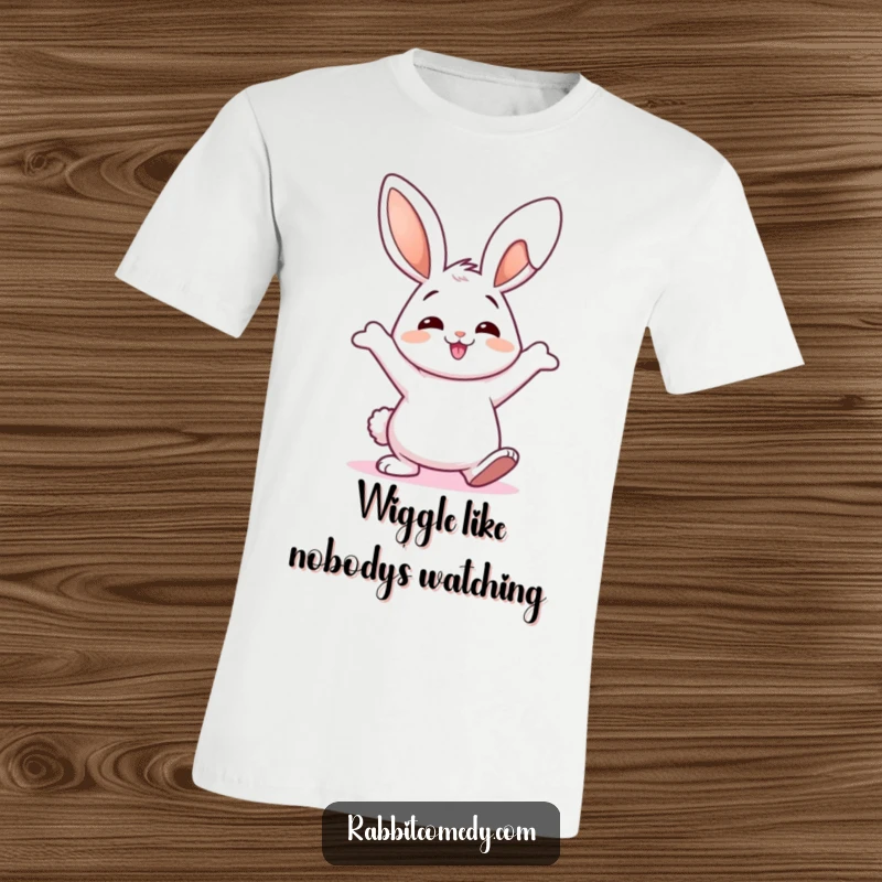 Funny T-Shirt showing a happy rabbit with wiggly ears performing a silly dance, conveying pure joy and lighthearted humor.