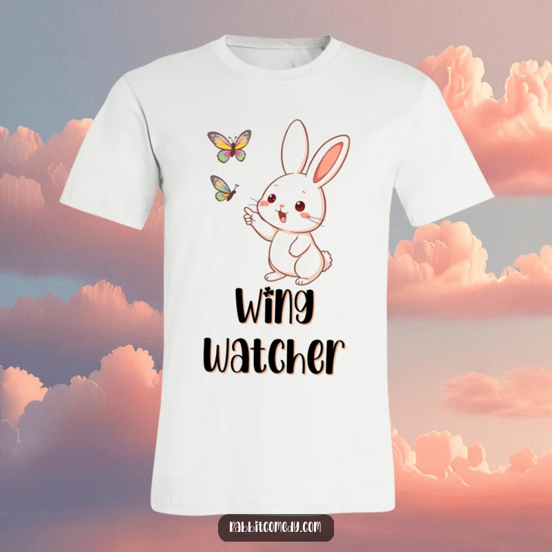 Funny Excited Rabbit Butterfly T-Shirt: A rabbit with keen whiskers excitedly points towards a delicate butterfly.