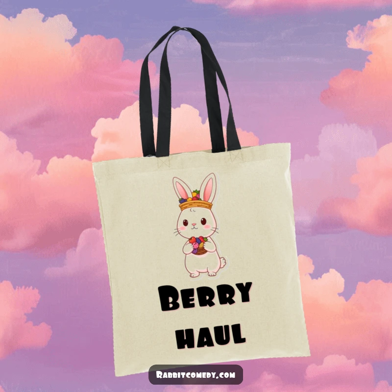 Funny rabbit balancing a basket of colorful berries on its head on a tote bag, a whimsical and practical accessory