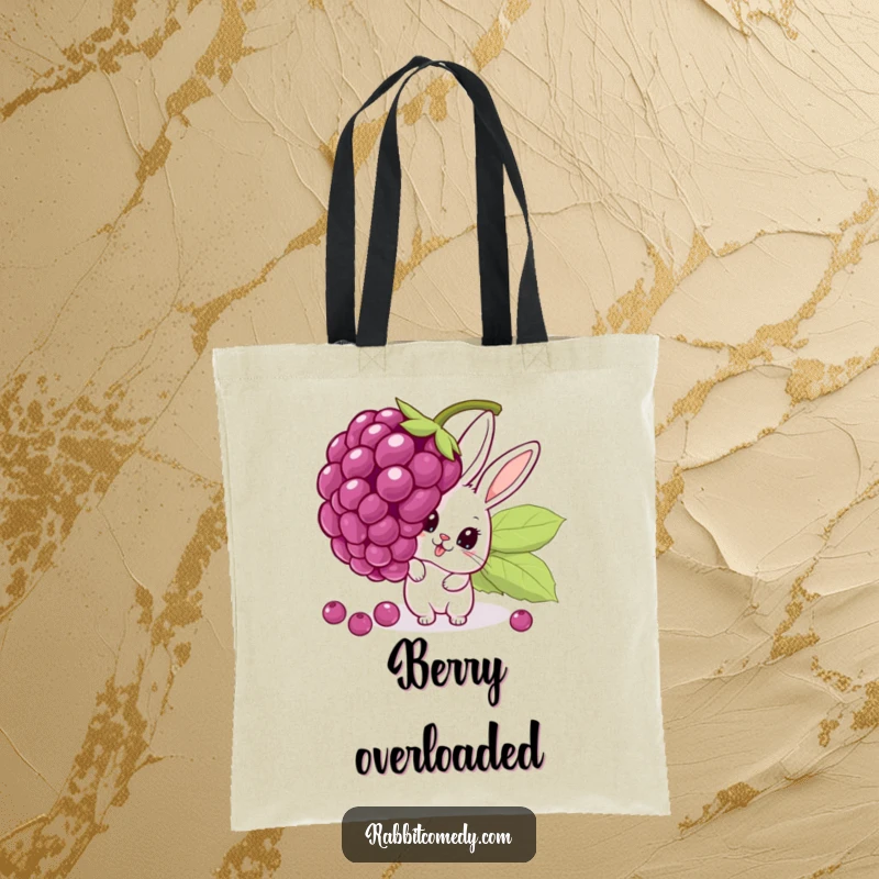Funny tote bag showcasing a cartoon rabbit peeking with surprise from behind an oversized, wobbly berry, designed for carrying items humorously.