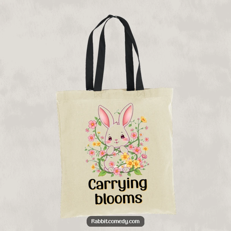 Funny tote bag showcasing a rabbit playfully entangled in a whimsical flower vine, perfect for a nature-loving individual.