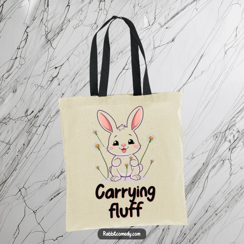 Funny Rabbit Dandelion Tote Bag: A practical tote bag showcasing a smiling rabbit juggling oversized dandelions.