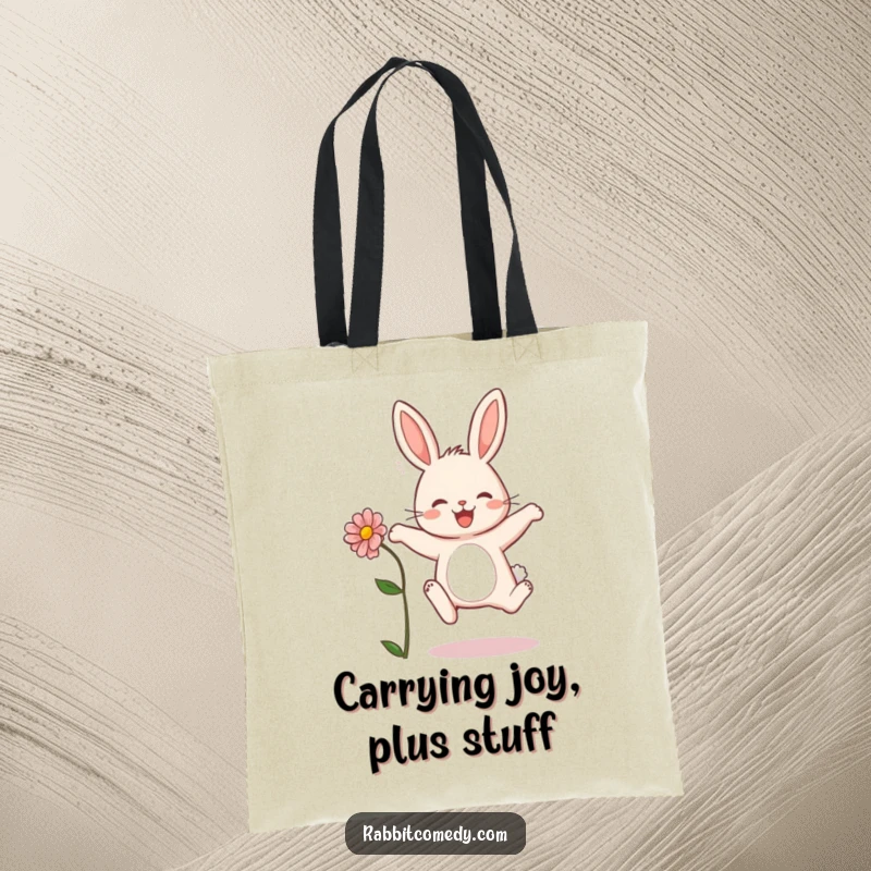 Funny rabbit tote bag showing a bunny hopping with a flower, a charming accessory for carrying daily items.
