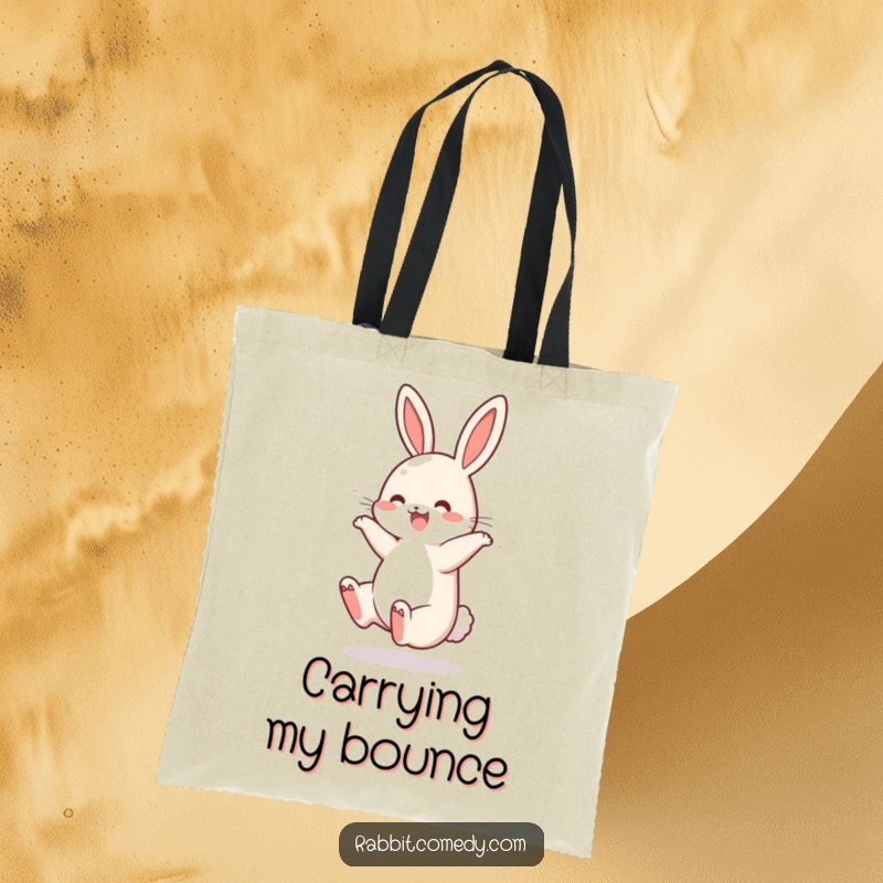 Funny Rabbit Somersault Tote Bag: A cute rabbit is shown performing a joyful somersault, its tail bouncing playfully, perfect for carrying essentials.