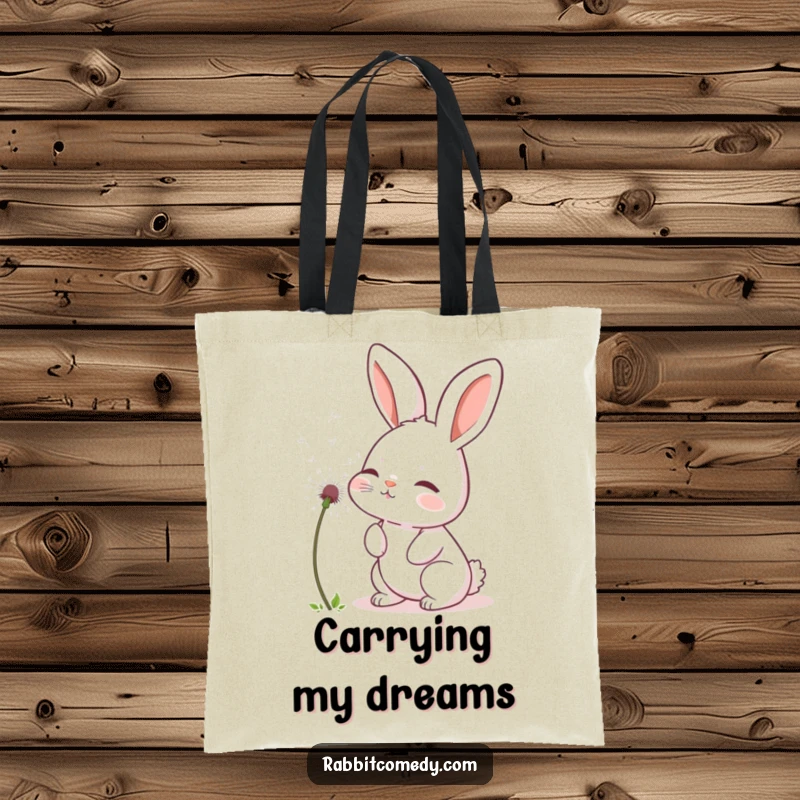 Funny rabbit tote bag featuring a cute bunny gently blowing a fluffy dandelion seed, symbolizing hopes and dreams.