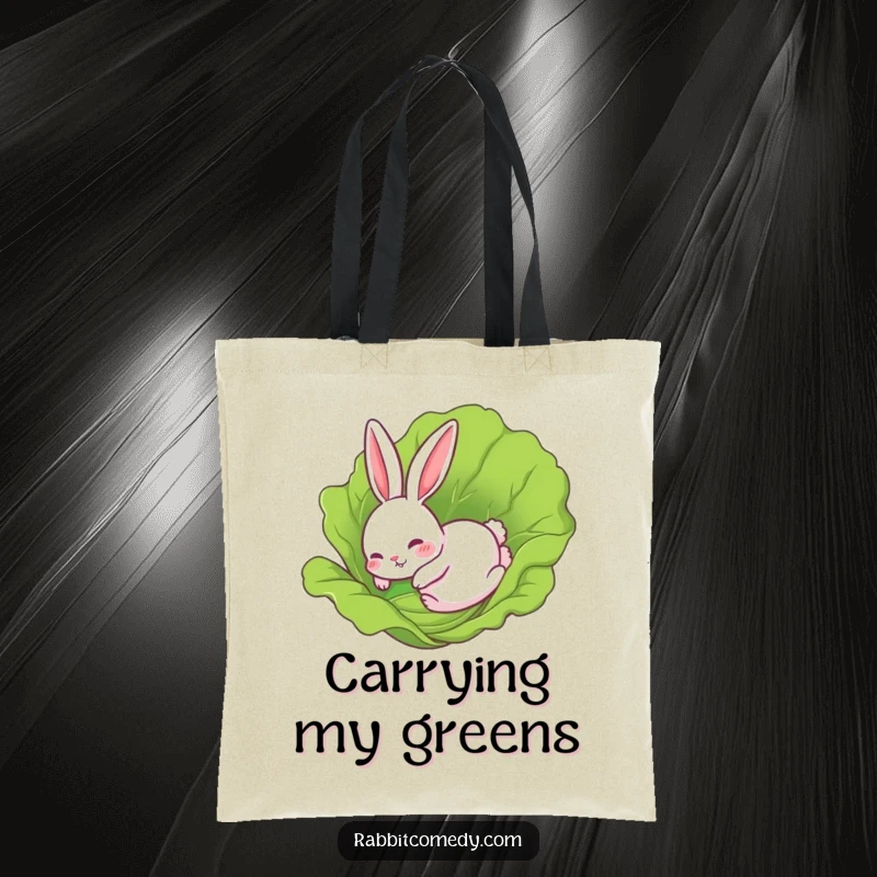 Funny Rabbit Tote Bag: A rabbit comically sliding on a lettuce leaf, perfect for carrying your items with a dose of humor.