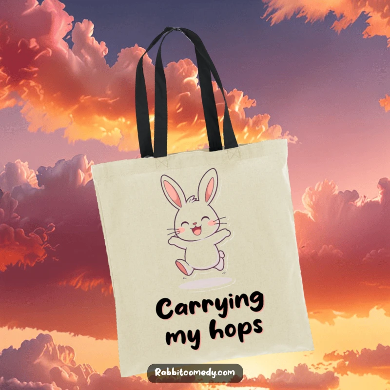 Funny rabbit tote bag illustrating a cheerful bunny, ears perked, hopping with pure joy, ready to carry your essentials in style.