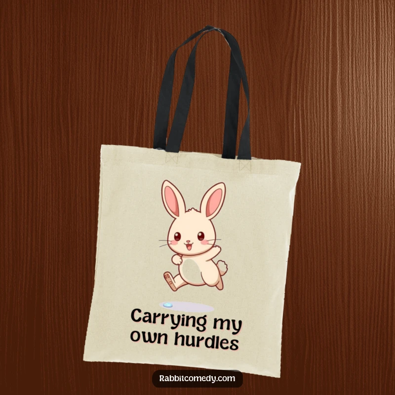 Funny rabbit tote bag featuring a determined bunny expertly jumping over a tiny, sparkling dewdrop, showcasing humorous agility.