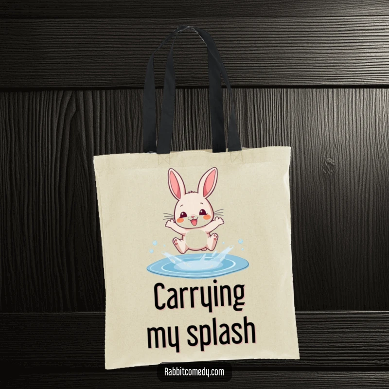 Funny tote bag depicting a joyful cartoon rabbit dramatically leaping over a small, sparkling puddle with a big splash.
