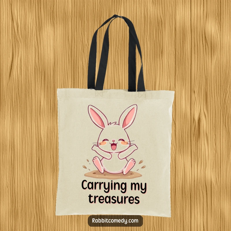 Funny Tote Bag showcasing a rabbit character joyfully digging with its hind legs kicking up, great for carrying essentials.