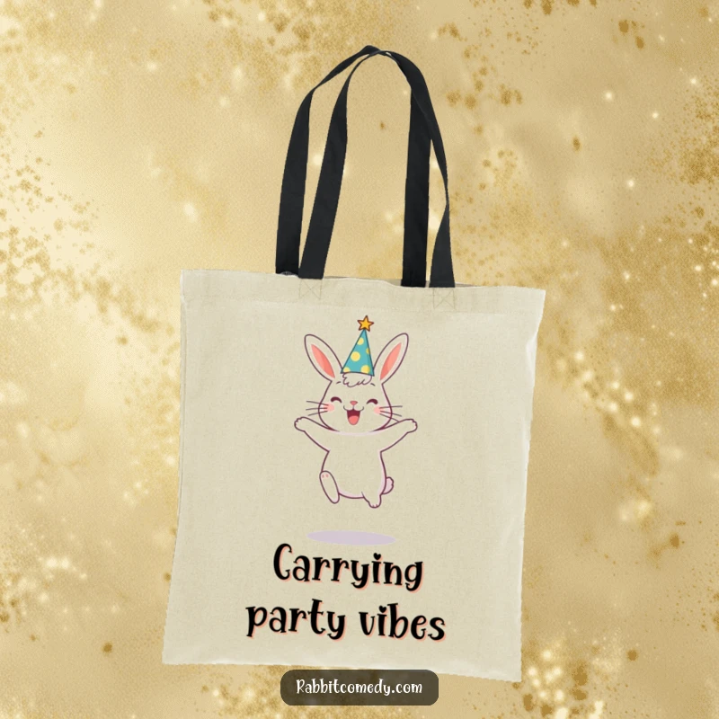 Funny rabbit in a party hat doing a comical jump, ready for fun on this stylish and practical tote bag.