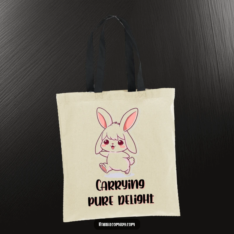 Funny rabbit tote bag featuring a cute bunny with floppy ears joyfully hopping, ideal for carrying items with a spring in your step.