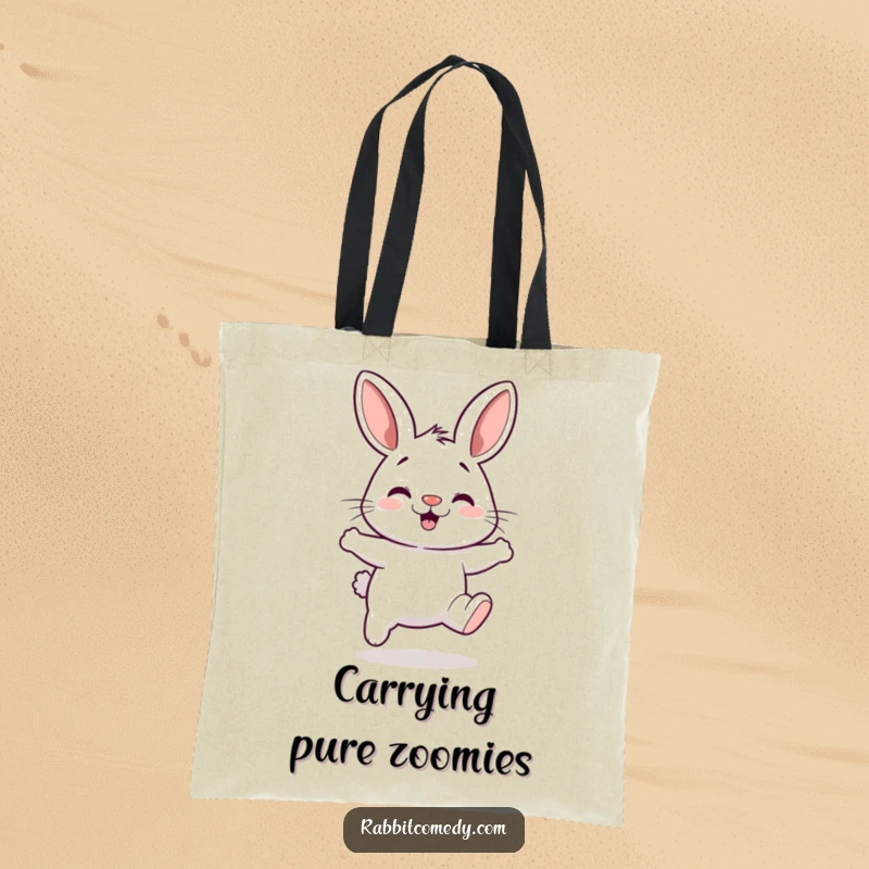 Funny tote bag illustrating a rabbit with a twitching nose, in the midst of a silly, energetic hop.