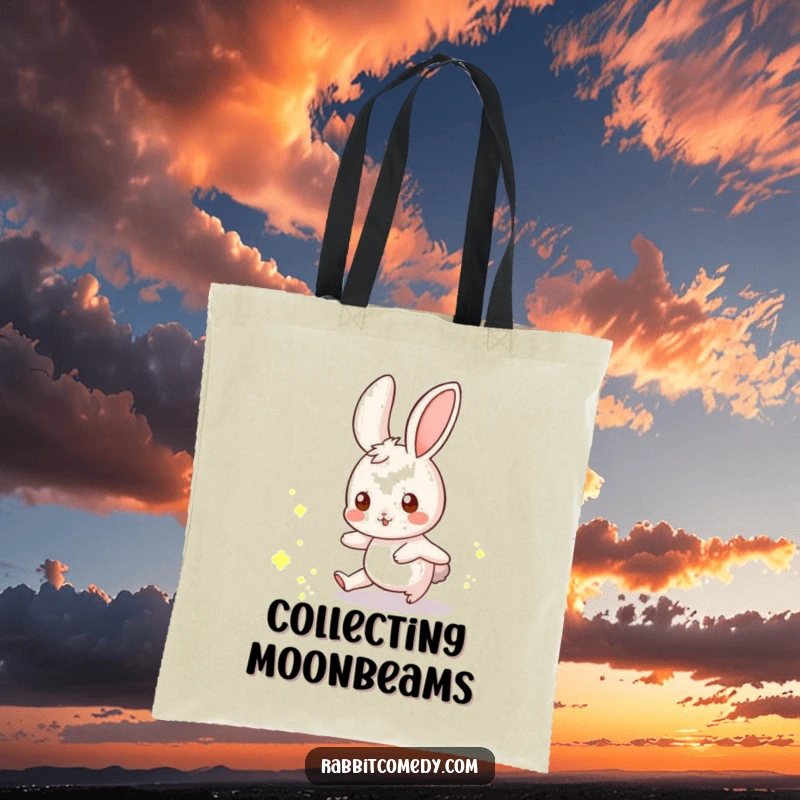 Funny rabbit tote bag depicting a whimsical rabbit playfully chasing a scattering of glowing dust motes.