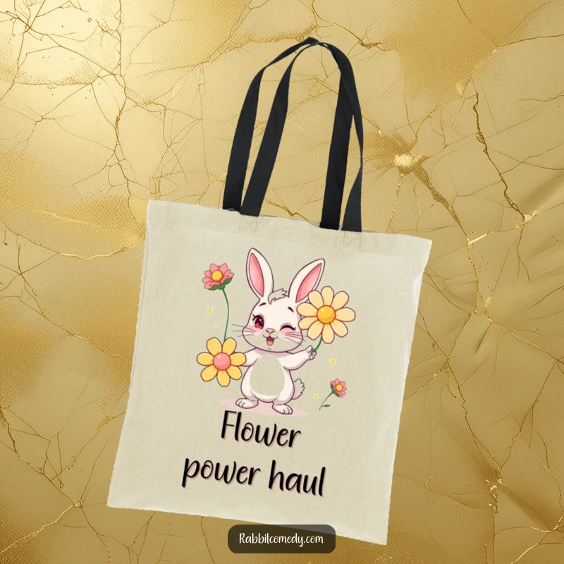 Funny tote bag with a mischievous rabbit winking while juggling large, colorful flowers, bringing a smile to your errands.