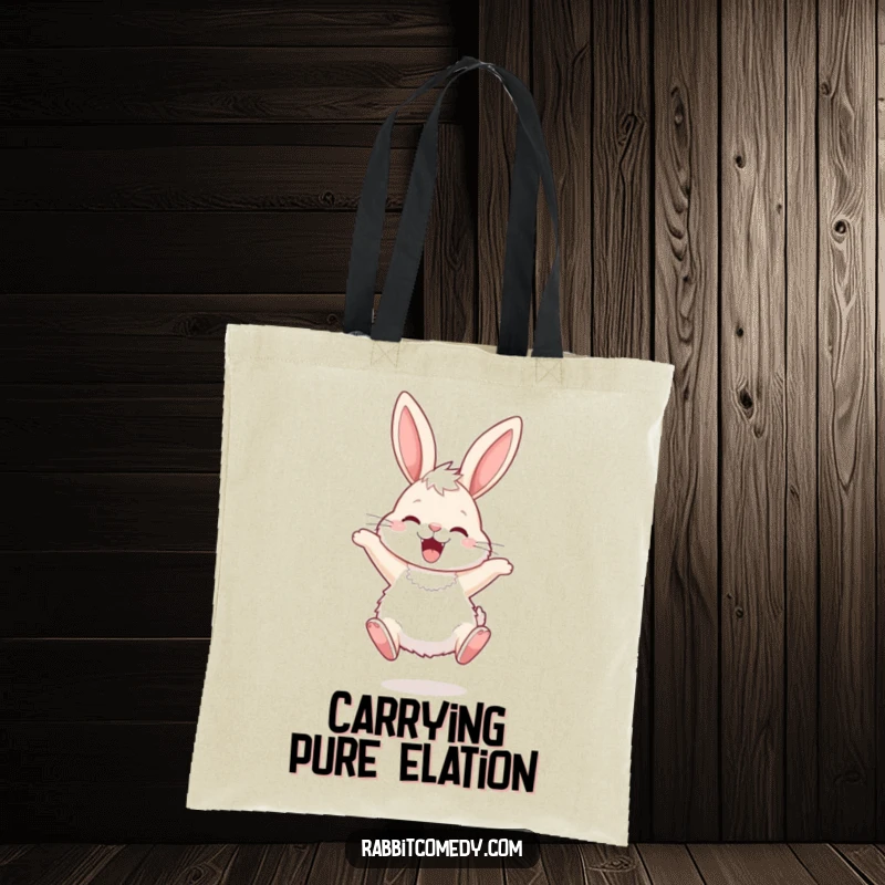 Funny Tote Bag with a fluffy rabbit with long ears hopping ecstatically, perfect for carrying goodies with a cheerful vibe.