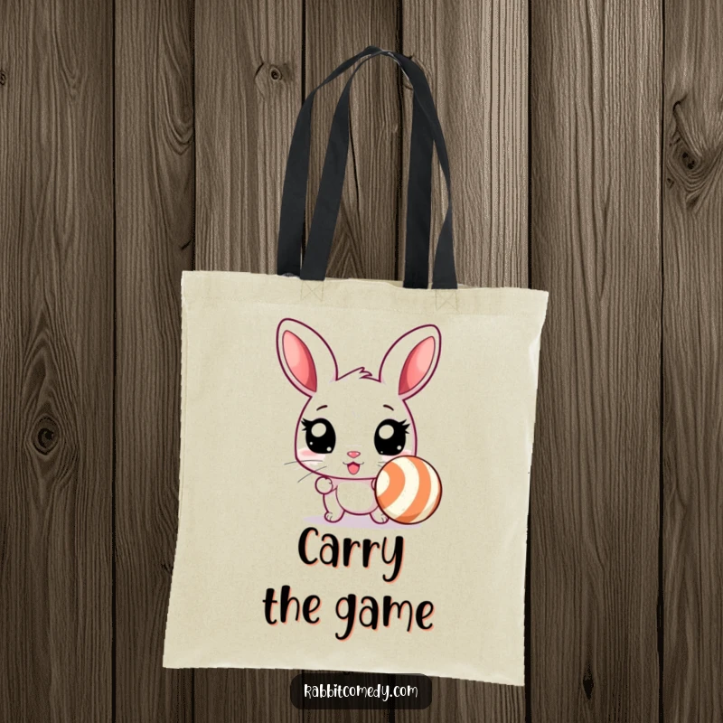 Funny rabbit tote bag showing an excited rabbit with wide eyes, ready to chase a bouncing, striped ball, radiating humorous energy.