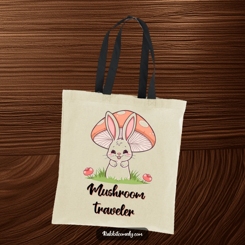 Funny tote bag showing a cartoon rabbit with a mischievous grin peeking from behind a large, striped mushroom.