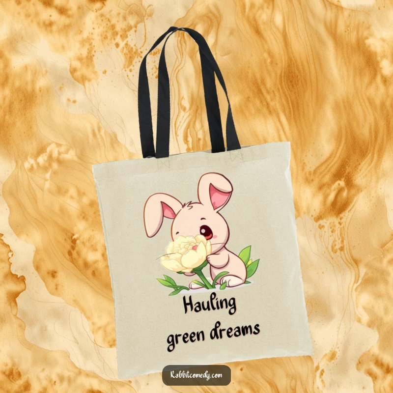 Funny tote bag illustration of a rabbit with wide, inquisitive eyes closely sniffing a large, dew-covered clover, a symbol of gentle discovery.