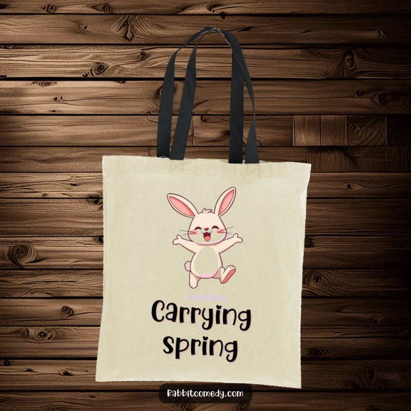 Funny rabbit tote bag featuring a cheerful rabbit character joyfully hopping with large, bouncy, exaggerated leaps.