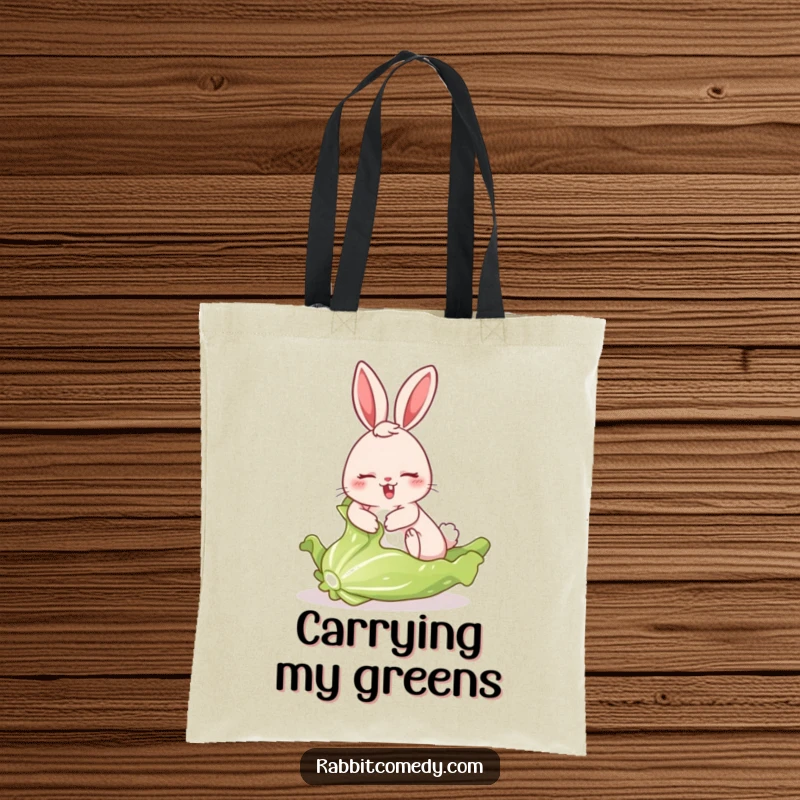Funny tote bag featuring a rabbit in a comical, fast slide on a large, freshly picked lettuce leaf, a scene of slippery humor.