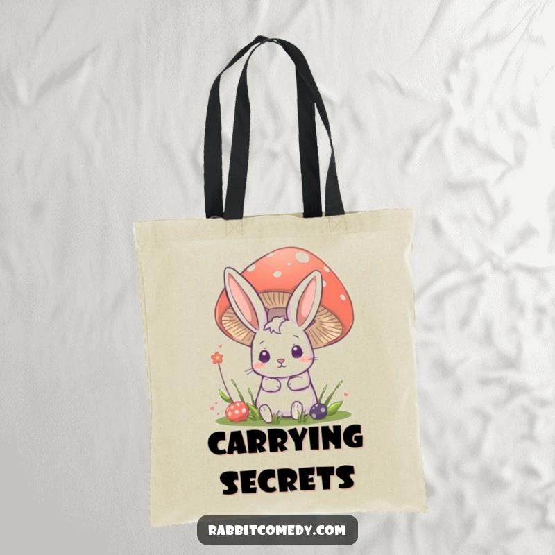 Funny rabbit tote bag featuring a cute bunny peeking from behind a large mushroom, hinting at woodland secrets.