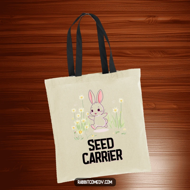 Funny rabbit tote bag, playfully hopping through oversized sparkling dandelions, perfect for meadow explorations.