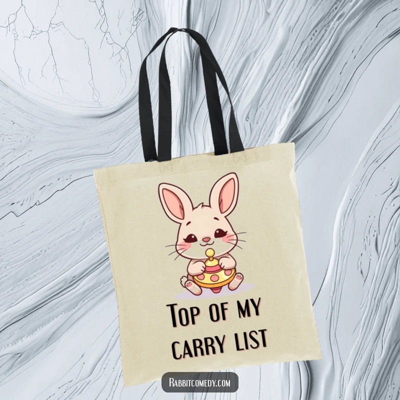 Funny Rabbit Tote Bag: A comical rabbit with a gleeful expression is shown playing with a vibrant, fast-spinning top.