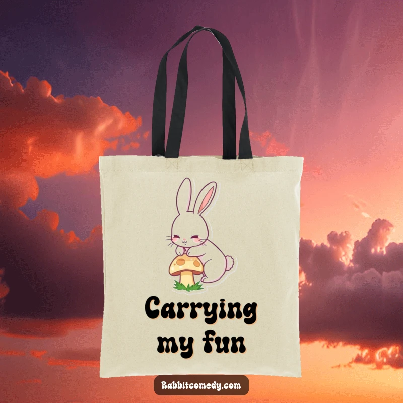 Funny tote bag illustrated with a cheerful, long-eared rabbit boinging with glee over a small mushroom.