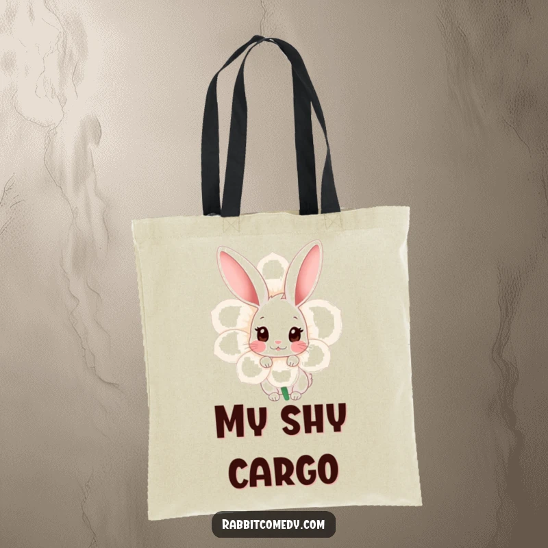 Funny Shy Rabbit Tote Bag: A cute, shy rabbit peeks from behind a large flower, symbolizing subtle charm and gentle observation.