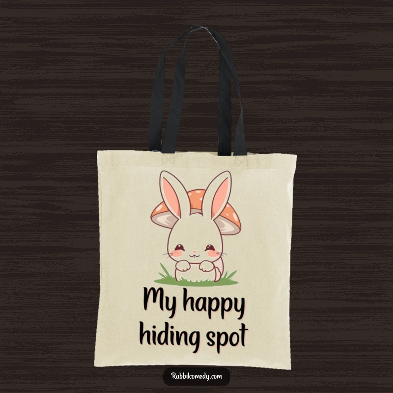 Funny shy rabbit tote bag showing a bunny hiding behind a mushroom with a shy smile, perfect for carrying essentials.