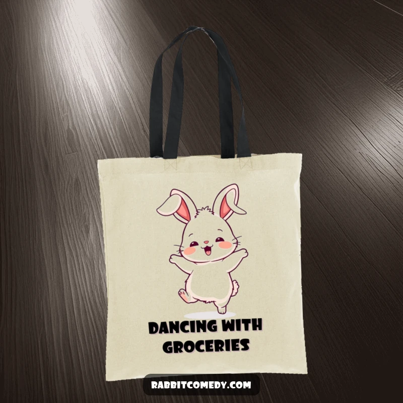 Funny rabbit tote bag, illustrating a fluffy character performing a silly dance with its ears flopping wildly, full of playful movement.