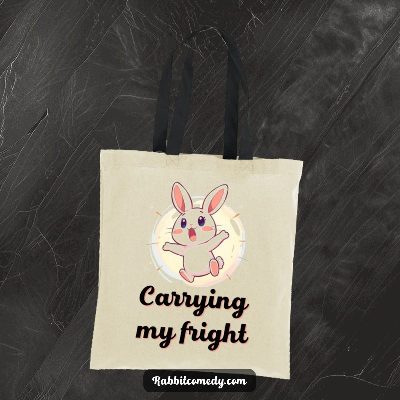 Funny Rabbit Tote Bag: A surprised rabbit leaps backward from a bursting, shimmering bubble, carrying a humorous depiction of sudden shock.