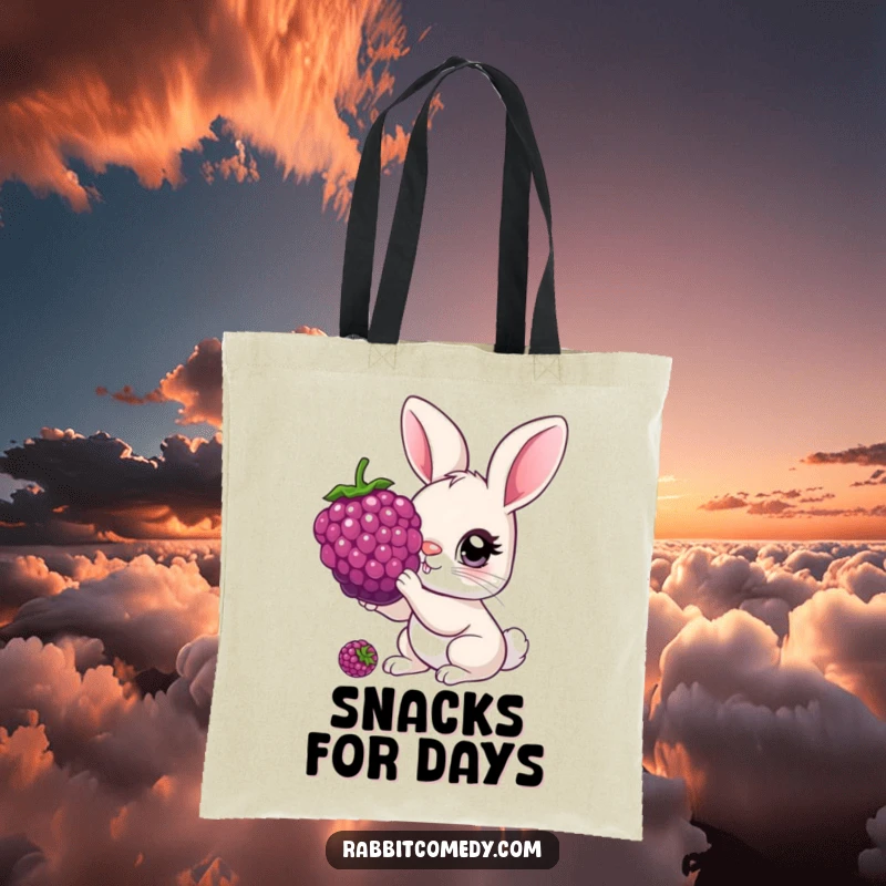 Funny Tote Bag showcasing a rabbit with oversized, curious eyes nibbling a giant berry, great for carrying essentials with charm.