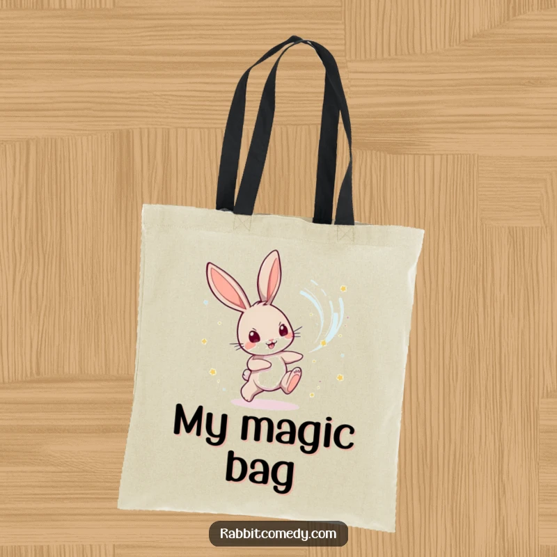 Funny Rabbit Tote Bag: A playful rabbit character chases a swirling vortex of magical dust, adding whimsy to errands.