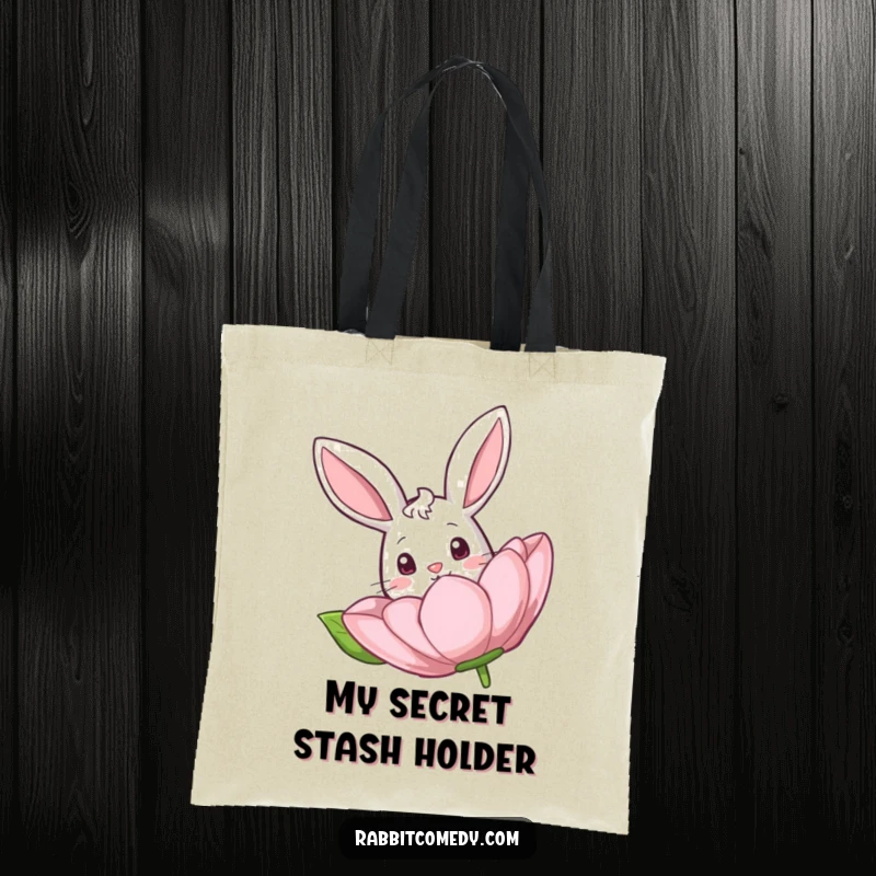 Funny Rabbit Flower Tote Bag: Eco-friendly tote showcasing a curious rabbit peeking from behind a large, vibrant flower.