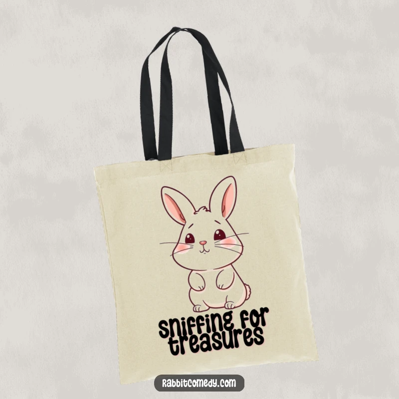 Funny rabbit tote bag showing a bunny with twitching whiskers sniffing the air, a charming accessory for explorers.